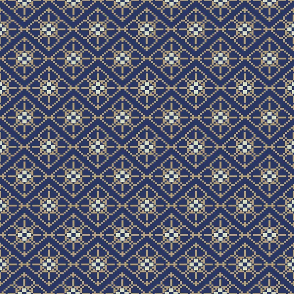Deep, Blue Tone ve Retro Style. Bu Etnik-esinlenilmiş pürüzsüz piksel desen el yapımı dokuma motifleri içeriyor. Halk tarzı tekstil baskıları ve dijital kumaşlar için mükemmel.