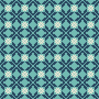 Derin, Yeşil Ton ve Retro Style. Bu Etnik-esinlenilmiş pürüzsüz piksel desen el yapımı dokuma motifleri içeriyor. Halk tarzı tekstil baskıları ve dijital kumaşlar için mükemmel.