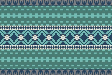 Derin, Yeşil Ton ve Retro Style. Bu Etnik-esinlenilmiş pürüzsüz piksel desen el yapımı dokuma motifleri içeriyor. Halk tarzı tekstil baskıları ve dijital kumaşlar için mükemmel.