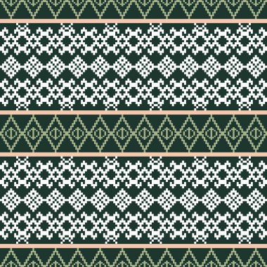 Derin, Yeşil Ton ve Retro Style. Bu Etnik-esinlenilmiş pürüzsüz piksel desen el yapımı dokuma motifleri içeriyor. Halk tarzı tekstil baskıları ve dijital kumaşlar için mükemmel.