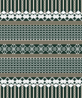 Derin, Yeşil Ton ve Retro Style. Bu Etnik-esinlenilmiş pürüzsüz piksel desen el yapımı dokuma motifleri içeriyor. Halk tarzı tekstil baskıları ve dijital kumaşlar için mükemmel.