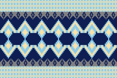 Deep, BlueTone ve Retro Style. Bu Etnik-esinlenilmiş pürüzsüz piksel desen el yapımı dokuma motifleri içeriyor. Halk tarzı tekstil baskıları ve dijital kumaşlar için mükemmel.