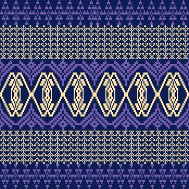 Deep, BlueTone ve Retro Style. Bu Etnik-esinlenilmiş pürüzsüz piksel desen el yapımı dokuma motifleri içeriyor. Halk tarzı tekstil baskıları ve dijital kumaşlar için mükemmel.