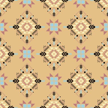 Etnik ve Halk Sanat Motiflerinden esinlenilmiş kabile geometrik kusursuz desen. Tekrarlayan geometrik şekiller, sembolik biçimler ve canlı renk paletleri ile bu tasarım kültür, ritim ve zamansız gelenek duygusunu taşır. Tekstil için mükemmel