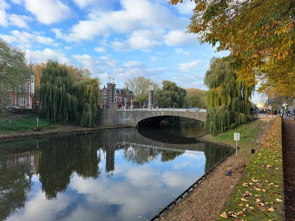 Den Bosch 'taki Dommel nehri üzerindeki Wilhelminabrug Köprüsü' nde sonbahar yansımaları.
