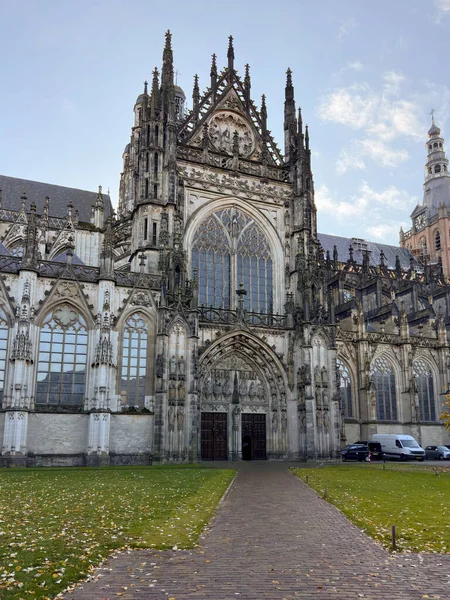 Hollanda, Den Bosch 'taki Sint Jans Katedrali' nin gotik görkemi, sakin bir sonbahar gününde ikonik merkezi maskaralık, karmaşık taş işçiliği ve yükselen vitray pencereleri sergiliyor..