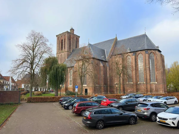 Elburg 'daki tarihi gotik kilisenin sakin kış manzarası ağaçlar ve yeşil çimlerle çevrili..