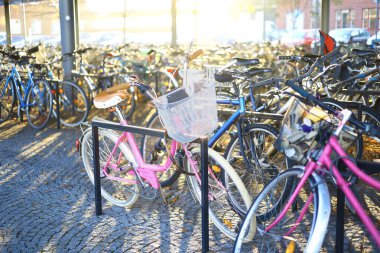Bisiklet parkı modern barınağın altında. Sonbahar güneşinde park halindeki motosikletler, kentsel sürdürülebilir ulaşım kavramı.