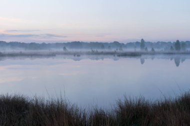Sabahın erken saatlerinde gökyüzünün yansıması olan bir göl. Gökyüzü bulutlu ve hava serin ve nemli. Sahne sessiz ve huzurlu, göl yalnızlık ve sükunet hissi veriyor. Hollanda 'da Dwingelderveld.