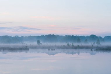 Sabahın erken saatlerinde gökyüzünün ve ağaçların yansıması olan bir göl. Gökyüzü bulutlu ve hava serin ve nemli. Sahne sessiz ve huzurlu, göl yalnızlık ve sükunet hissi veriyor. Hollanda 'da Dwingelderveld.