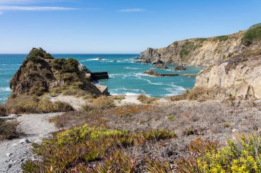 Portekiz Praia da Azenha do Mar 'daki kayalıklar, kayalar, bitki örtüsü ve okyanus manzarası