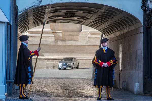 İki İsviçreli muhafız Vatikan, Roma 'da bir geçitte duruyorlar, güneşli bir günde girişi korurken geleneksel üniformalar giyiyorlar..