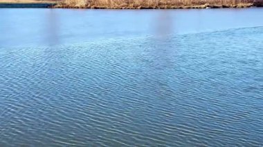 Buzların eridiği ve su dalgalarının kayaya çarptığı sakin doğa sahnesi. Güneşli bahar günü atmosferi