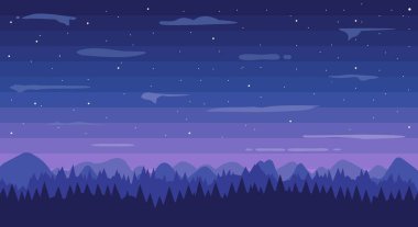 Düz Tasarım Yıldızlı Gece Gökyüzü Ormanı Peyzaj Vektör Arkaplanı. Güzel bir gece gökyüzünün sakin ve sürükleyici düz tasarım vektörü çizimi.