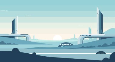 Minimalist ve modern düz tasarım vektör çizimi fütüristik bir şehir ya da uzak koloni manzarasını betimler..