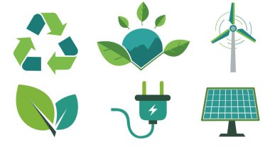 Çevre dostu kavramları, yenilenebilir enerjiyi ve çevresel sürdürülebilirliği temsil eden bir dizi düz tasarım vektör simgesi.
