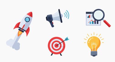 Başlangıçtaki kavramları, pazarlama stratejisini ve iş yeniliklerini temsil eden düz tasarım vektör simgelerinin net ve modern bir kümesi.