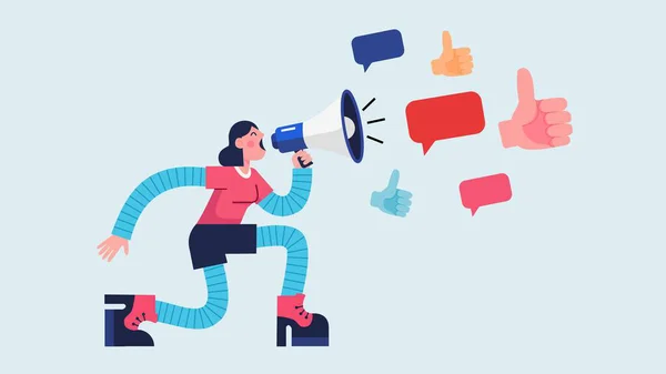 Sosyal medya pazarlama, reklamcılık, kamuoyu duyurusu ve nişan kampanyalarını temsil eden dinamik bir düz tasarım vektörü illüstrasyonu.