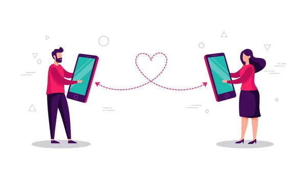Bir erkek ve bir kadın büyük cep telefonları tutarak dijital aşkı, sanal ilişkiyi ve sosyal medya bağlantısını düz bir tarzda temsil ediyorlar..