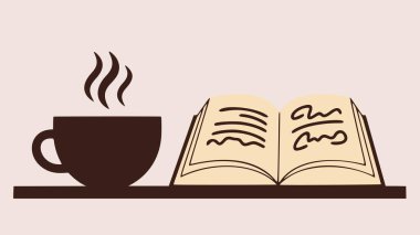 Açık bir kitabın yanına koyulmuş koyu kahve fincanının düz vektör çizimi rahatlamayı, eğitimi ve sabah çalışma alışkanlıklarını sembolize ediyor.