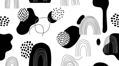 Yüzyılın ortalarında İskandinav veya Bohem tarzında organik kabarcıklar, noktalar ve gökkuşağı benzeri kemerler içeren modern siyah ve beyaz geometrik desenler.