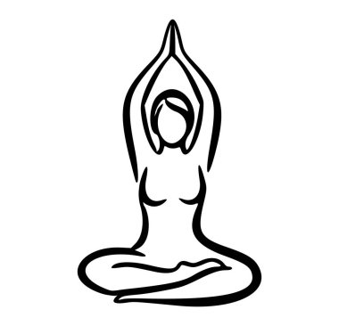 Nilüfer yogası pozu (Padmasana) almış dua eden bir kadının zarif ve minimalist çizgisi. Beyaz arka plandaki temiz siyah fırça darbeleri sükuneti, ruhsal dengeyi ve bütünsel sağlığı simgeliyor..