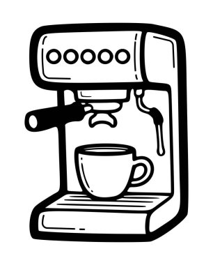 Modern bir espresso kahve makinesinin profesyonel bir minimalist çizgisi çizimi. Portafilter ve dumanı tüten bir değnek..