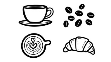 Temel kahve dükkanı unsurlarını barındıran kapsamlı bir minimalist çizgi çizgisi sanat koleksiyonu: bir fincan tabağında klasik espresso fincanı, kalp sanatı olan bir latte 'nin tepeden tırnağa görüntüsü, tereyağlı kruvasan çöreği ve bir grup kavrulmuş kahve çekirdeği..