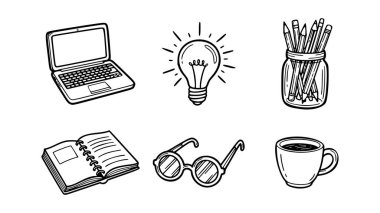 Temel eğitim ve ofis verimlilik simgelerinden oluşan kapsamlı bir minimalist çizgi sanat vektör kümesi. Bu koleksiyonda bir dizüstü bilgisayar, fikirler için parlayan bir ampul, bir kavanoz kalem, açık bir defter, yuvarlak gözlükler ve bir fincan kahve yer alıyor..