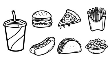 Popüler fast food ürünlerinin kapsamlı bir minimalist çizgi sanat vektör koleksiyonu. Bu sette klasik bir çizburger, bir pepperoni pizza dilimi, kızarmış patates kızartması, bir sosisli sandviç, bir Meksika taco 'su ve bir soda bardağı var..