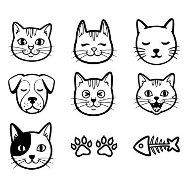 Kedi ve köpek ifadelerinin yer aldığı çekici bir minimalist çizgi sanat vektör koleksiyonu. Bu sette farklı kişiliklere sahip yedi farklı kedi kafası, bir köpek yüzü, bir çift pençe izi ve bir balık kemiği iskeleti bulunuyor..
