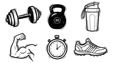 Temel spor salonu ve vücut geliştirme ikonlarından oluşan profesyonel bir minimalist sanat vektör seti. Bu koleksiyonda ağır bir dambıl, 20 kg 'lık bir kettlebell, bir protein karıştırıcı şişe ve esnek bir pazı kası olan el yapımı karalamalar yer almaktadır..