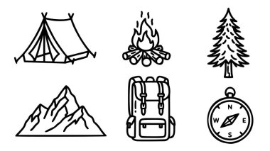 Açık hava macerası ve kamp malzemelerinin profesyonel minimalist sanat vektör koleksiyonu. Bu set klasik bir A-frame çadırı, kütüklü kükreyen bir kamp ateşi, uzun bir çam ağacı, engebeli bir dağ sırası ve bir yürüyüş sırt çantası içerir (sırt çantası).)