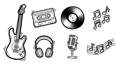 Retro ve modern müzik ekipmanlarının birinci sınıf minimalist çizgili sanat vektör koleksiyonu. Bu set parlak bir elektro gitar, klasik bir kaset, klasik bir plak kaydı, kulaklık, profesyonel bir stüdyo mikrofonu ve çeşitli müzik notaları içerir.