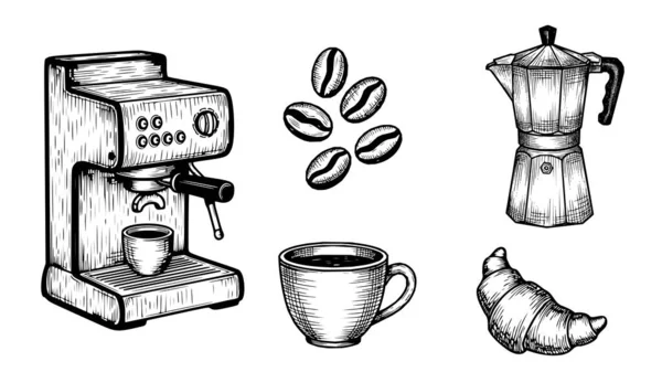 Klasik oyma tarzında kahve temalı resimlerin detaylı bir koleksiyonu. Bu sette profesyonel bir espresso makinesi, bir İtalyan moka demliği, kavrulmuş kahve çekirdekleri, dumanı tüten bir fincan kahve ve taze bir kruvasan yer alıyor..