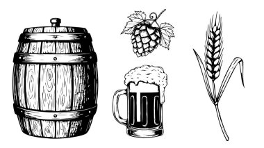 Geleneksel oymacılık tarzında el yapımı bira ve demleme elementlerinin detaylı bir koleksiyonu. Bu sette klasik bir ahşap fıçı, yapraklı taze zıpzıp, köpüklü bir kupa bira ve bir buğday sapı bulunuyor..