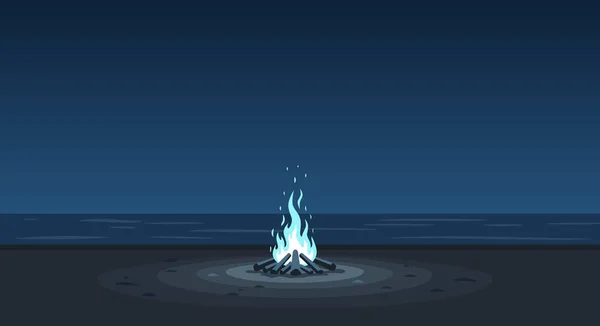 Gece karanlık kumlu bir sahilde parlayan bir şenlik ateşinin huzurlu ve karamsar bir yansıması. Mavi alevler, karanlık okyanus ufkuna karşı kıyıya yumuşak bir ışık tutuyordu. Kamp temaları, gece masalları ve müzik festivali geçmişleri için ideal..