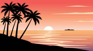 Parlayan güneşin sakin deniz sularını yansıttığı tropikal bir günbatımının güzel bir atmosferik gösterimi. Plajdaki palmiye ağaçlarının siluetleri romantik ve huzurlu bir yaz akşamı havası yaratır..