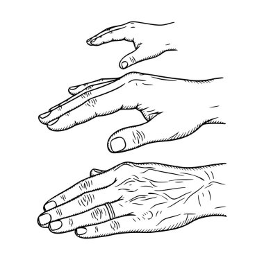 Farklı yaşlardan üç el, bir çocuk, bir yetişkin ve kırışıklıkları ve alyansı olan yaşlı bir insanı gösteren anlamlı bir çizim. Bu kavramsal sanat eseri, zaman ve aile mirasını temsil ediyor..