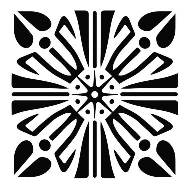 Simetrik bir tasarım çiçek ve geometrik desenlerle çevrili merkezi bir yıldız şekli sunar. Grafik, siyah ve beyaz olarak yüksek bir kontrasttır..