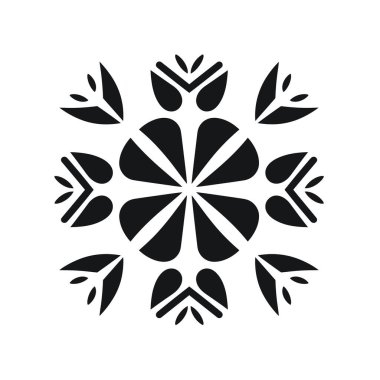 Simetrik bir çiçek deseni sergilenir. Beyaz bir arkaplan karşısında siyah şekilleri tekrar eden bir desen oluşturur..