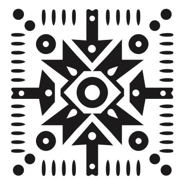 Karmaşık siyah ve beyaz bir tasarım, kenarları boyunca nokta ve çizgilerle çevrili dairesel bir merkez ve ok şekillerine sahiptir..