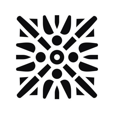 Beyaz arkaplanda merkezi bir çemberden yayılan doğrusal şekiller, noktalar ve kavisli yaprak benzeri şekillerden oluşan kare bir tasarım..