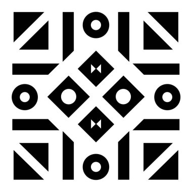 Simetrik soyut sanat bir siyah şekil deseni gösteriyor. Daireler, üçgenler, dikdörtgenler ve içinde beyaz boşluk olan elmas şekiller var..