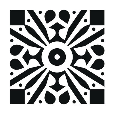 Simetrik bir tasarımın geometrik çizimi. Merkezi bir daire içerir, siyah beyaz çizgiler, kareler ve gözyaşı damlası şekilleri yayar..