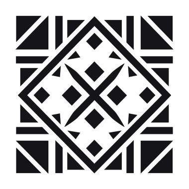 Kare grafik, kareler, üçgenler ve dikdörtgenler de dahil olmak üzere, beyaz ve siyah geometrik şekilleri kaplayan siyah elmas şeklini içerir..