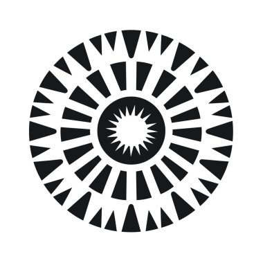 Simetrik çember dizaynı, tekrarlanan şablonlardan oluşur. Üçgenleri ve çivileri var. Görüntü beyaz arkaplana karşı siyahtır.