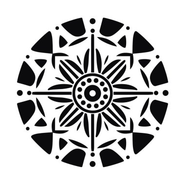 Soyut şekilleri tekrarlayan karmaşık dairesel bir tasarım. Şekil siyah ve beyaz bir palette biçimlendirilmiş çiçek ve geometrik elementleri içerir.