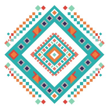 Bir tasarım tekrar eden kareler ve elmas şekillerden oluşur. Renkler turuncu, yeşil, kırmızı, gri, mavi ve yeşildir. Etnik bir görünümü var..