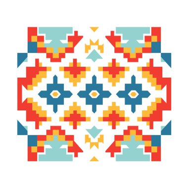 Kırmızı, mavi ve sarı gibi çeşitli renkleri kullanan simetrik bir geometrik desen beyaz arkaplana karşı soyut bir simetrik tasarım yaratır..